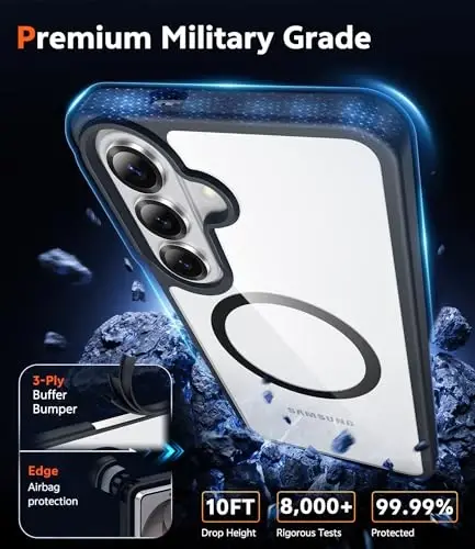 FNTCASE for Samsung Galaxy S26 Case: Clear Anti Yellowing Magnetic Drop Protection Cell Phone Cover Compatible with Magsafe - Rugged Shockproof Protective Bumper Transparent Phonecase (Black) - 6