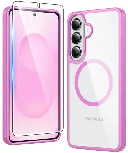 FNTCASE for Samsung Galaxy S26 Case: Clear Anti Yellowing Magnetic Drop Protection Cell Phone Cover Compatible with Magsafe - Rugged Shockproof Protective Bumper Transparent Phonecase (Pink) 