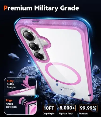 FNTCASE for Samsung Galaxy S26 Case: Clear Anti Yellowing Magnetic Drop Protection Cell Phone Cover Compatible with Magsafe - Rugged Shockproof Protective Bumper Transparent Phonecase (Pink) - 6