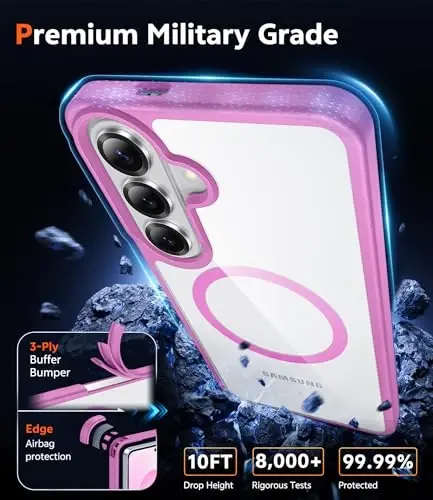 FNTCASE for Samsung Galaxy S26 Case: Clear Anti Yellowing Magnetic Drop Protection Cell Phone Cover Compatible with Magsafe - Rugged Shockproof Protective Bumper Transparent Phonecase (Pink) - 6