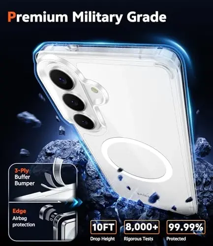 FNTCASE for Samsung Galaxy S26 Case: Clear Anti Yellowing Magnetic Military Grade Drop Protection Cell Phone Cover Compatible with Magsafe - Rugged Shockproof Protective Bumper Transparent Phonecase - 6