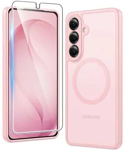 FNTCASE for Samsung Galaxy S26 Case: Magnetic Matte Phone Cases with Screen Protector Drop Proof Compatible with Magsafe Slim Rugged Shockproof Protective Translucent Cell Cover (C-Frosted Pink) 