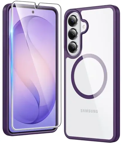 FNTCASE for Samsung Galaxy S26 Case: Clear Magnetic Phone Cases with Screen Protector Compatible with Magsafe Slim Anti Yellowing Shockproof Protective Transparent Cover (Purple Magnetic) 