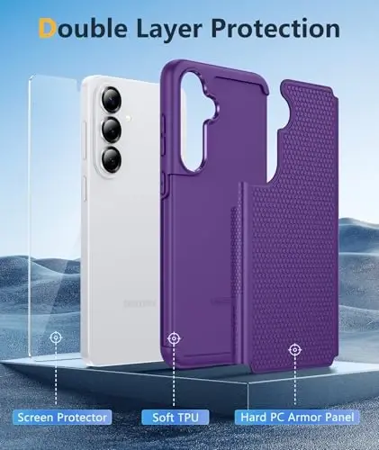 FNTCASE for Samsung Galaxy S26 Case: Military Grade Drop Protection, 14ft Drop Protective, Screen Protector Included, Anti-Slip Tempered TPU+PC Dual Layer Shockproof Phone Case Cover (Purple) - 5