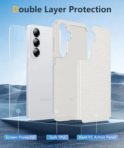 FNTCASE for Samsung Galaxy S26 Case: Military Grade Drop Protection, 14ft Drop Protective, Screen Protector Included, Anti-Slip Tempered TPU+PC Dual Layer Shockproof Phone Case Cover (White) - 5