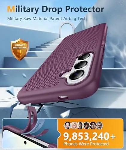 FNTCASE for Samsung Galaxy S26 Case: Military Grade Drop Protection, 14ft Drop Protective, Screen Protector Included, Anti-Slip Texture TPU+PC Dual Layer Shockproof Phone Case Cover (Burgundy) - 4