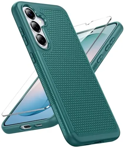 FNTCASE for Samsung Galaxy S26 Case: Military Grade Drop Protection, 14ft Drop Protective, Screen Protector Included, Anti-Slip Texture TPU+PC Dual Layer Shockproof Phone Case Cover (Green) - 1
