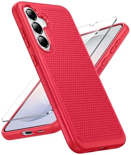 FNTCASE for Samsung Galaxy S26 Case: Military Grade Drop Protection, 14ft Drop Protective, Screen Protector Included, Anti-Slip Texture TPU+PC Dual Layer Shockproof Phone Case Cover (Red) - FNTCASE