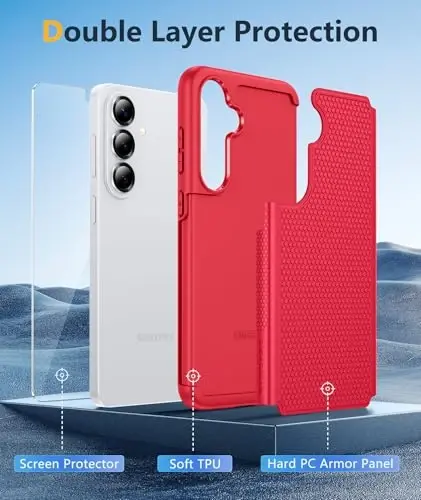 FNTCASE for Samsung Galaxy S26 Case: Military Grade Drop Protection, 14ft Drop Protective, Screen Protector Included, Anti-Slip Texture TPU+PC Dual Layer Shockproof Phone Case Cover (Red) - 5