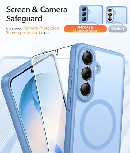 FNTCASE for Samsung Galaxy S26 Gʻilofi: [Magsafe uchun mos keladi] [To'liq Kamera Himoyasi va Ekran Himoyachisi] Yarim shaffof Mat Harbiy darajadagi - Samsung S 26 uchun zarbaga chidamli himoya telefon qoplami - Och ko'k - 4