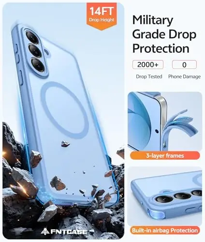 FNTCASE for Samsung Galaxy S26 Gʻilofi: [Magsafe uchun mos keladi] [To'liq Kamera Himoyasi va Ekran Himoyachisi] Yarim shaffof Mat Harbiy darajadagi - Samsung S 26 uchun zarbaga chidamli himoya telefon qoplami - Och ko'k - 5