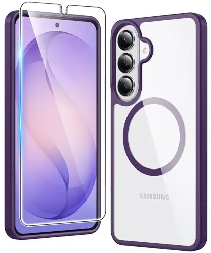 FNTCASE for Samsung Galaxy S26-Plus Case: Clear Magnetic Phone Cases with Screen Protector Compatible with Magsafe Slim Anti Yellowing Shockproof Protective Transparent Cover (Purple Magnetic) 