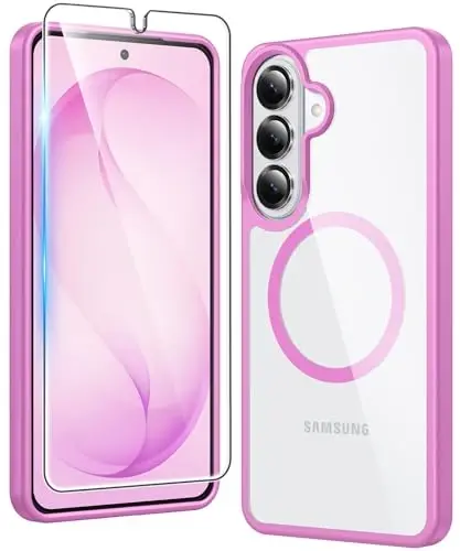 FNTCASE for Samsung Galaxy S26-Plus Case: Clear Magnetic Phone Cases with Screen Protector Compatible with Magsafe Slim Anti Yellowing Shockproof Protective Transparent Cover (Pink Magnetic) - 1