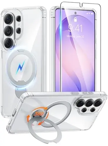 FNTCASE for Samsung Galaxy S26-Ultra Case: [360 Spin Magnetic Stand] [Compatible with Magsafe] [Screen Protector] Clear Magnetic Phone Cases Anti Yellowing Shockproof Protective Phone Cover - Clear 