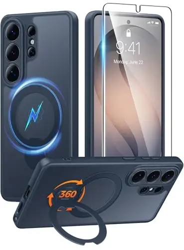 FNTCASE for Samsung Galaxy S26-Ultra Case: [360 Spin Magnetic Stand] [Compatible with Magsafe] [Screen Protector] Translucent Matte Military Grade Shockproof Full Camera Phone Cover - Deep Blue 