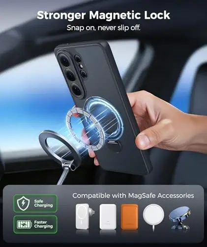 FNTCASE for Samsung Galaxy S26-Ultra Case: [360 Spin Magnetic Stand] [Compatible with Magsafe] [Screen Protector] Translucent Matte Military Grade Shockproof Full Camera Protective Phone Cover -Black - 5