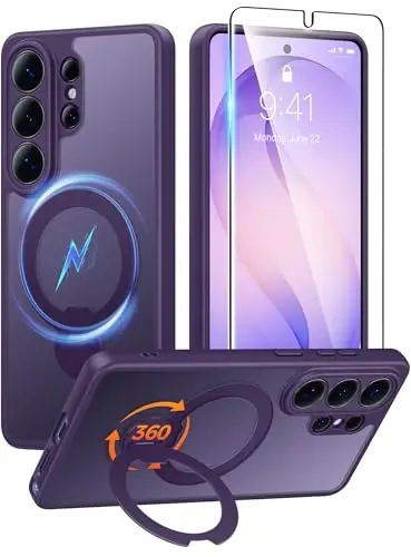 FNTCASE for Samsung Galaxy S26-Ultra Case: [360 Spin Magnetic Stand] [Compatible with Magsafe] [Screen Protector] Translucent Matte Military Grade Shockproof Full Camera Protective Phone Cover -Purple 