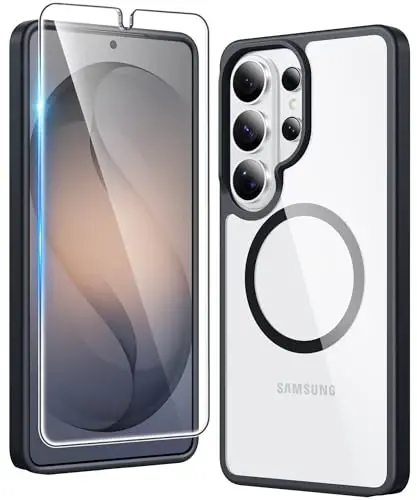 FNTCASE for Samsung Galaxy S26-Ultra Case: Clear Magnetic Phone Cases with Screen Protector Compatible with Magsafe Slim Anti Yellowing Rugged Protective Transparent Cell Phone Cover (Black Magnetic) - FNTCASE
