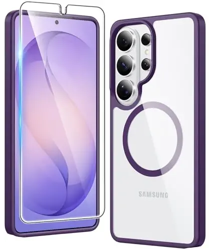 FNTCASE for Samsung Galaxy S26-Ultra Case: Clear Magnetic Phone Cases with Screen Protector Compatible with Magsafe Slim Anti Yellowing Rugged Protective Transparent Cell Phone Cover (Purple Magnetic) - FNTCASE