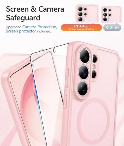 FNTCASE for Samsung Galaxy S26-Ultra Case: [Fit for Magsafe] [Full Camera Protection] Translucent Matte Cases with [Screen Protector] Military Grade Shockproof Protective Phone Cover - Light Pink - 4