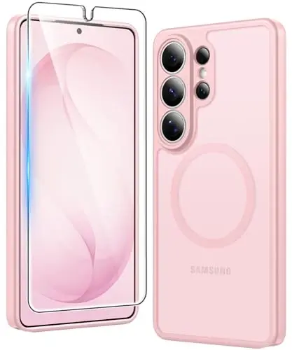 FNTCASE for Samsung Galaxy S26-Ultra Case: Matte Magnetic Translucent Phone Cases with Screen Protector Lens Protection Compatible with Magsafe Rugged Protective Cell Cover (C-Frosted Pink Magnetic) - FNTCASE