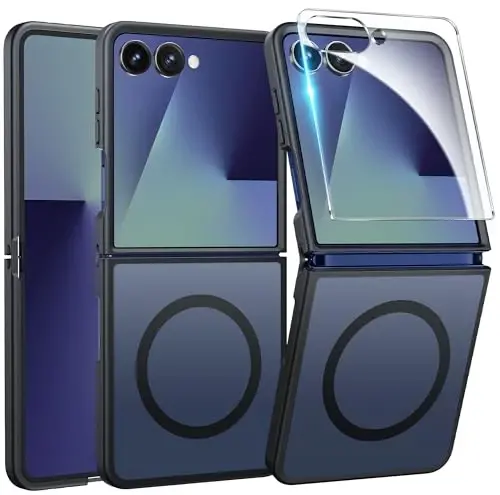FNTCASE for Samsung Galaxy Z-FLIP-7 Case: Magnetic Matte Phone Cases with Screen Protector Drop Proof Compatible with Magsafe Slim Rugged Shockproof Protective Translucent Cell Cover (C-Frosted Black) 