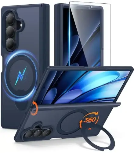 FNTCASE for Samsung Galaxy Z-Fold-8-Ultra Case: Z Fold 7 Case [360 Spin Magnetic Stand] [Fit for Magsafe] [Hinge Protection & Screen Protector] Translucent Matte Military Shockproof Cover - Deep Blue - FNTCASE