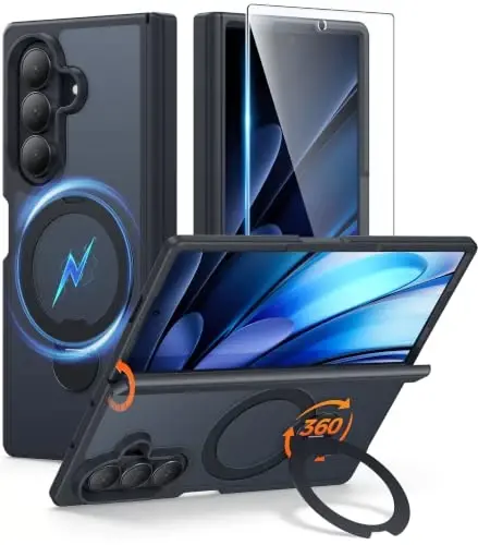 FNTCASE for Samsung Galaxy Z-Fold-8-Ultra Case: Z Fold7 Case [360 Spin Magnetic Stand] [Fit for Magsafe] [Hinge Protection & Screen Protector] Translucent Matte Military Grade Shockproof Cover - Black 
