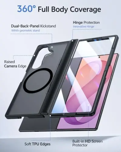 FNTCASE for Z Fold 8 Ultra/Z Fold 7 Case Fit for MagSafe Black | Built-in Screen Protector Stand, Hinge Protection, Translucent Magnetic Shockproof Cover, Military Grade Drop Protection - 4