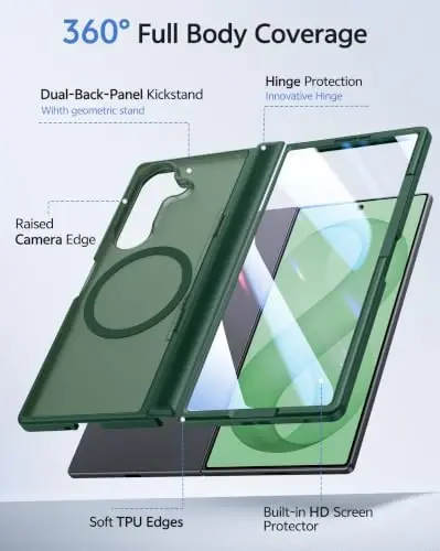 FNTCASE for Z Fold 8 Ultra/Z Fold 7 Case Fit for MagSafe Green | Built-in Screen Protector Stand, Hinge Protection, Translucent Magnetic Shockproof Cover, Military Grade Drop Protection - 4