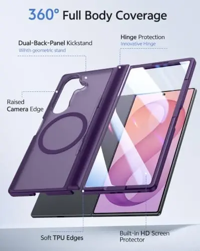 FNTCASE for Z Fold 8 Ultra/Z Fold 7 Case Fit for MagSafe Purple | Built-in Screen Protector Stand, Hinge Protection, Translucent Magnetic Shockproof Cover, Military Grade Drop Protection - 4