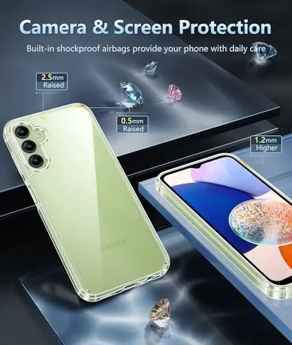 FNTCASE Galaxy A14-5G uchun telefon g‘ilofi: Samsung Galaxy A14-5G uchun tiniq g‘ilof, harbiy darajadagi tushishdan himoya, sarg‘ayishga qarshi mobil telefon qopqog‘i - mustahkam, zarbalarga chidamli, shaffof himoya g‘iloflari (tiniq) - 5