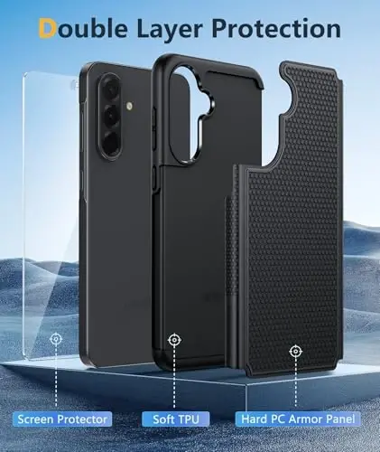 FNTCASE Galaxy A36-5G uchun telefon g'ilofi: Samsung A36 A56 5G ikki qavatli himoya kuchli g'ilof zarbaga chidamli qo'pol sirpanmaydigan teksturali orqa tomon - Harbiy himoya bamperi qattiq 6,7 dyuym (qora) - 3