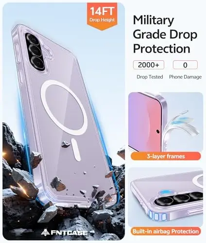 FNTCASE for Galaxy A37/A36 5G Phone Case, Fit for Magsafe, Screen Protector | Anti Yellowing Magnetic Back, 14FT Military Grade Drop Protection, Shockproof Protective, for Samsung A37 Cover, Transparent - 5