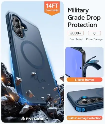 FNTCASE Galaxy A37/A36 5G Telefon Kılıfı, Magsafe Uyumlu, Ekran Koruyucu | Yarı Saydam Mat Manyetik Arka Yüzey, 14FT Askeri Sınıf Düşme Koruması, Darbeye Dayanıklı Koruma, Samsung A37 Kapağı için, Mavi - 5