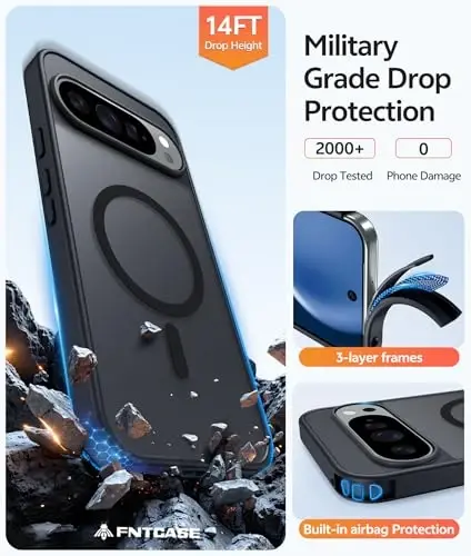 FNTCASE for Google Pixel 10 Pro XL / 9 Pro XL Case, Compatible with Magsafe | Screen Protector, Translucent Matte, 14FT Military Grade Drop Protection, Shockproof Protective Phone Cover, Black - 5