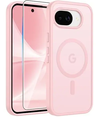 FNTCASE Google Pixel 10a uchun g‘ilof: [Magsafe bilan mos keladi] [Ekran himoya oynasi] bilan shaffof mat g‘iloflar, Pixel 10A uchun harbiy darajadagi zarbaga chidamli magnit telefon qopqog‘i - Och pushti 