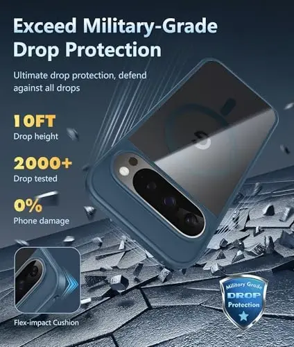 FNTCASE Google Pixel 9 Pro XL uchun g'ilof: Shaffof, magnitli, harbiy darajadagi tushishdan himoya, sarg'aymaydigan mobil telefon qopqog'i: Mustahkam, zarbga chidamli himoya bamperli shaffof g'ilof (Sapfir ko'k) - 4