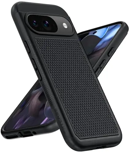 FNTCASE Google Pixel 9 uchun g'ilof: Pixel 9 Pro ikki qatlamli himoya mobil telefon qopqog'i, sirpanmaydigan teksturali orqa tomoni bilan - zarbga chidamli, mustahkam harbiy himoya bamperi, qora 