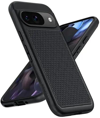 FNTCASE Google Pixel 9 uchun g'ilof: Pixel 9 Pro ikki qatlamli himoya mobil telefon qopqog'i, sirpanmaydigan teksturali orqa tomoni bilan - zarbga chidamli, mustahkam harbiy himoya bamperi, qora - FNTCASE