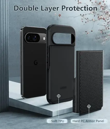 FNTCASE Google Pixel 9 uchun g'ilof: Pixel 9 Pro ikki qatlamli himoya mobil telefon qopqog'i, sirpanmaydigan teksturali orqa tomoni bilan - zarbga chidamli, mustahkam harbiy himoya bamperi, qora - 3