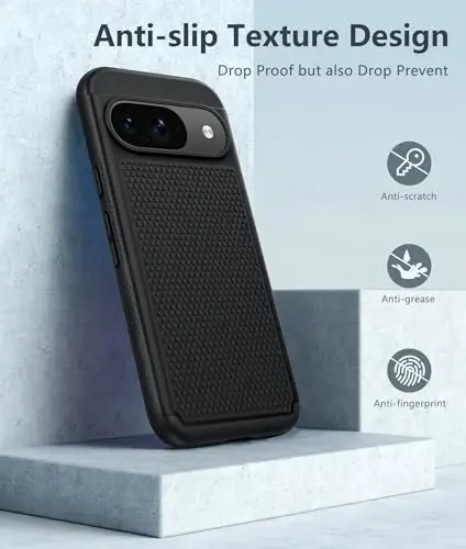 FNTCASE Google Pixel 9 uchun g'ilof: Pixel 9 Pro ikki qatlamli himoya mobil telefon qopqog'i, sirpanmaydigan teksturali orqa tomoni bilan - zarbga chidamli, mustahkam harbiy himoya bamperi, qora - 5