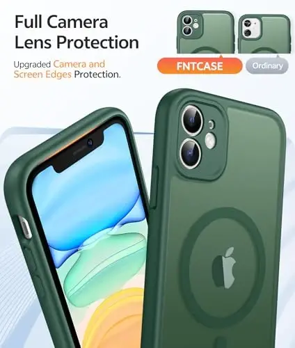FNTCASE iPhone 11 G‘ilofi: [Magsafe bilan mos keladi] Shaffof Mat Magnetli G‘iloflar [To‘liq Kamera Himoyasi] Harbiy Darajadagi Zarbga Chidamli Himoya Telefon Qopqog‘i - Yashil - 4