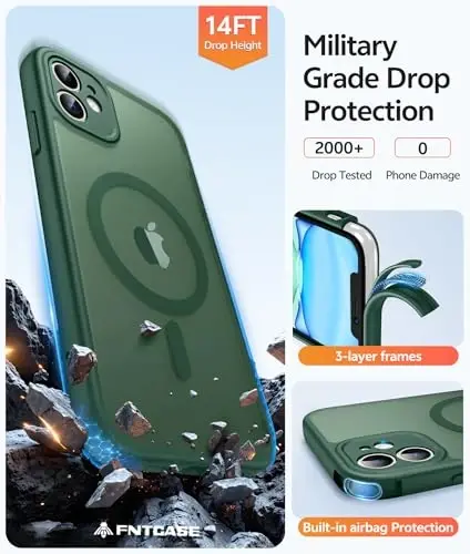 FNTCASE iPhone 11 G‘ilofi: [Magsafe bilan mos keladi] Shaffof Mat Magnetli G‘iloflar [To‘liq Kamera Himoyasi] Harbiy Darajadagi Zarbga Chidamli Himoya Telefon Qopqog‘i - Yashil - 5