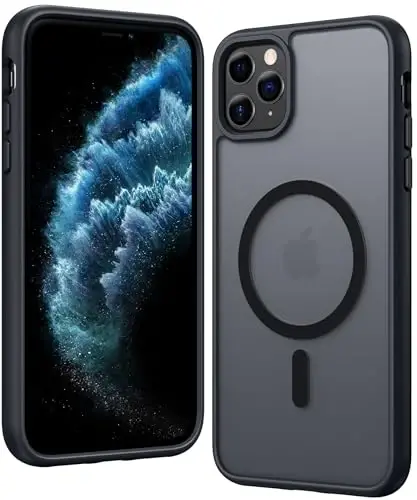 FNTCASE iPhone 11 Pro-Max G'ilofi: Magsafe bilan mos keluvchi matli magnitli telefon g'iloflari, ingichka, sarg'ayishga qarshi, harbiy darajadagi tushishdan himoya, mustahkam himoyalovchi yarim shaffof telefon g'ilofi (C-Qora) - FNTCASE