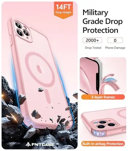 FNTCASE for iPhone 11 Pro Max Case: [Compatible with Magsafe] Translucent Matte Magnetic Cases [Full Camera Protection] Military Grade Shockproof Protective Phone Cover - Light Pink - 5
