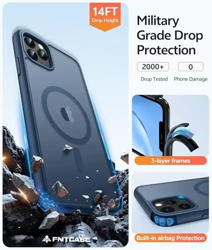 FNTCASE for iPhone 11 Pro Max Case, Fit for Magsafe, Translucent Matte Back | Magnetic Phone Cases, 14FT Military Grade Drop Protection, Slim Shockproof Protective Cover, Blue - 5
