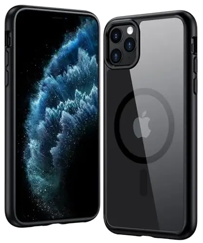 FNTCASE iPhone 11 Pro-Max uchun g'ilof: Magnitli ingichka sarg'aymaydigan shaffof g'ilof | Harbiy darajadagi himoya va zarbga chidamli yupqa shaffof kristall telefon qopqog'i (B-qora) 