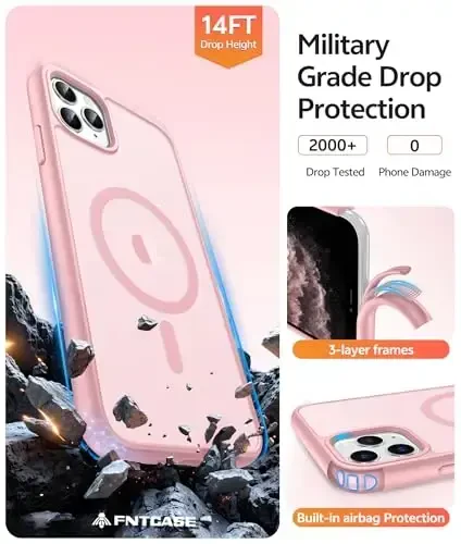 FNTCASE iPhone 11 Pro uchun g'ilof: Magnitli yarim shaffof mat harbiy darajadagi tushishdan himoya | Ingichka sirpanishga qarshi bardoshli zarbga chidamli iPhone 11Pro 2019 g'iloflari (5,8 dyuymli och pushti) - 5
