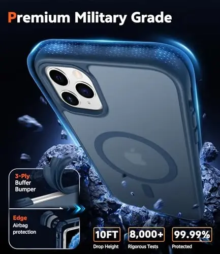 FNTCASE iPhone 11 Pro uchun g‘ilof: Magsafe bilan mos keluvchi mat magnitli telefon g‘iloflari, ingichka, sarg‘ayishga qarshi, harbiy darajadagi tushishdan himoya, mustahkam, zarbaga chidamli, yarim shaffof himoya qopqog‘i (C-Blue) - 6